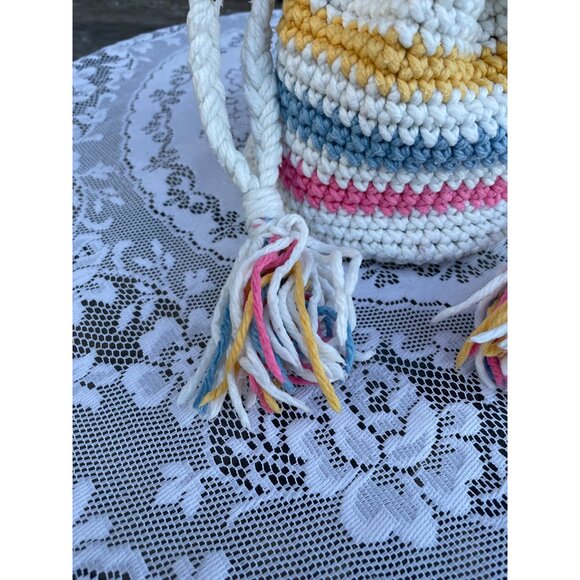 Vintage 1970s Cotton Crochet Pastel Stripe Drawstring Bag Purse - Picture 10 of 13